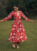 Red and cream floral printed suit set