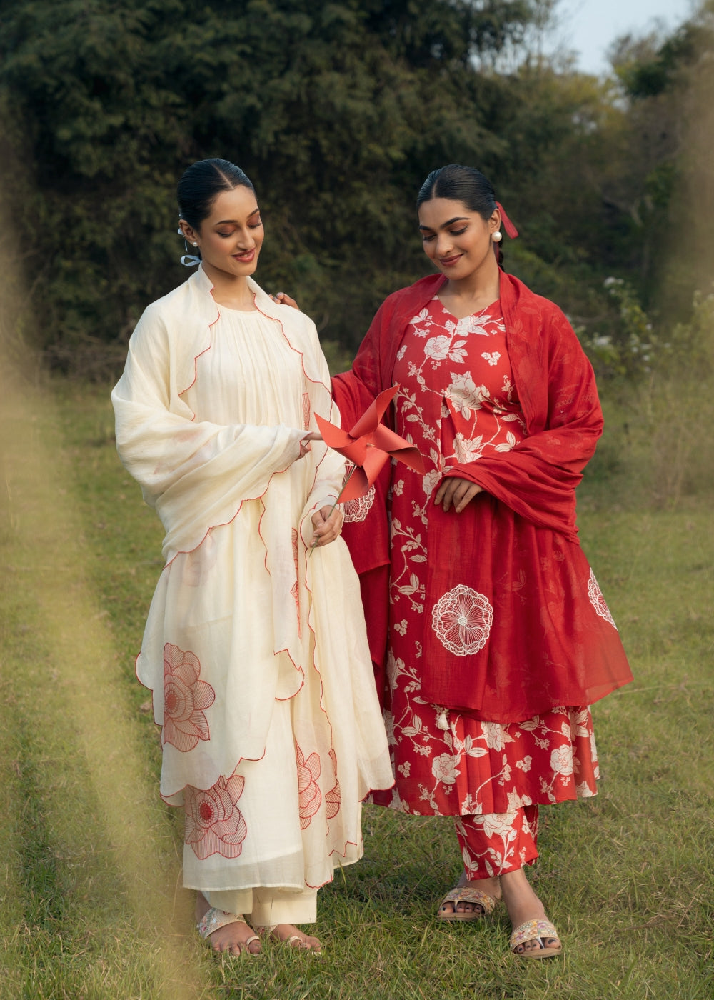 Red and cream floral  printed suit set