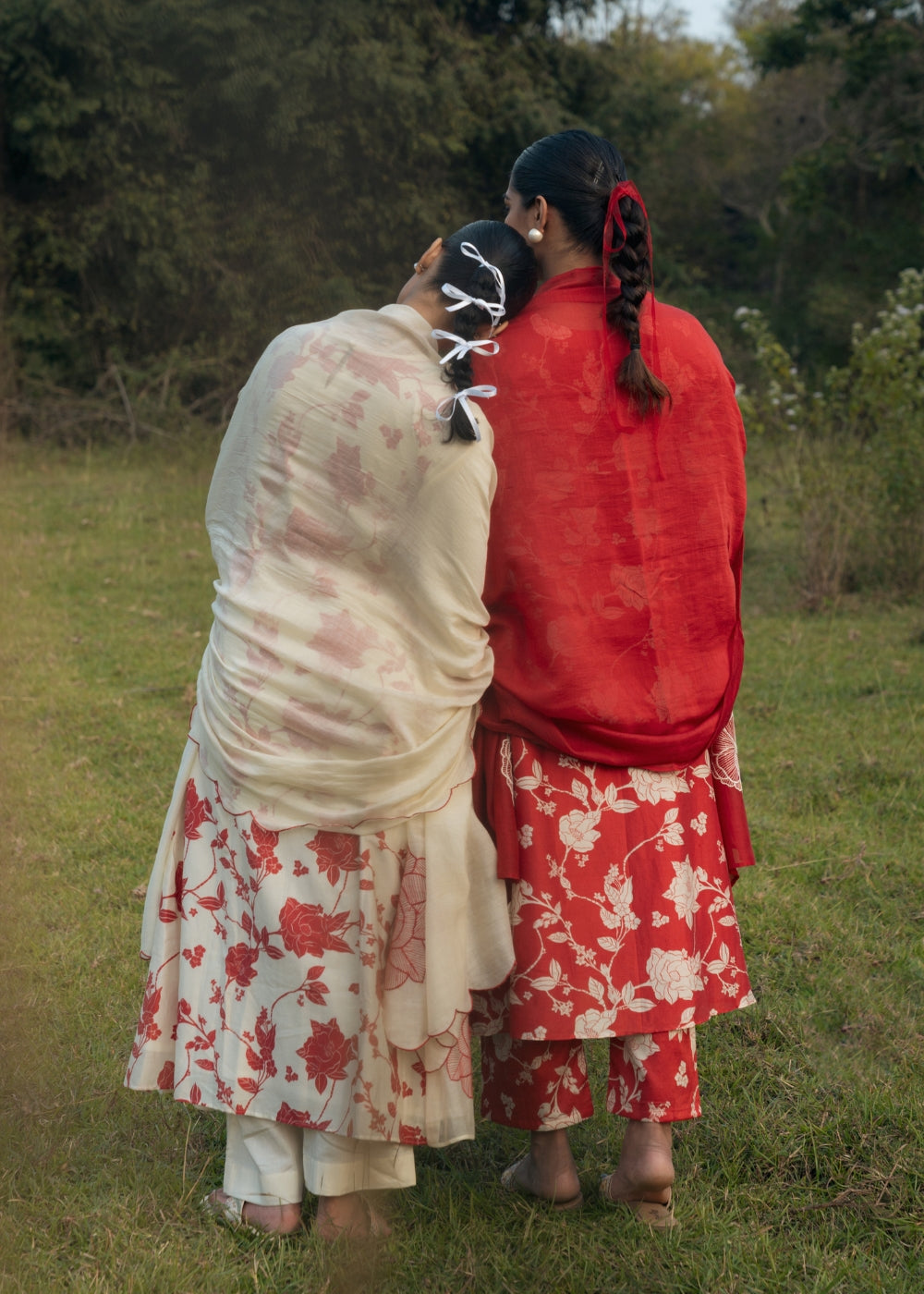 Red and cream floral  printed suit set