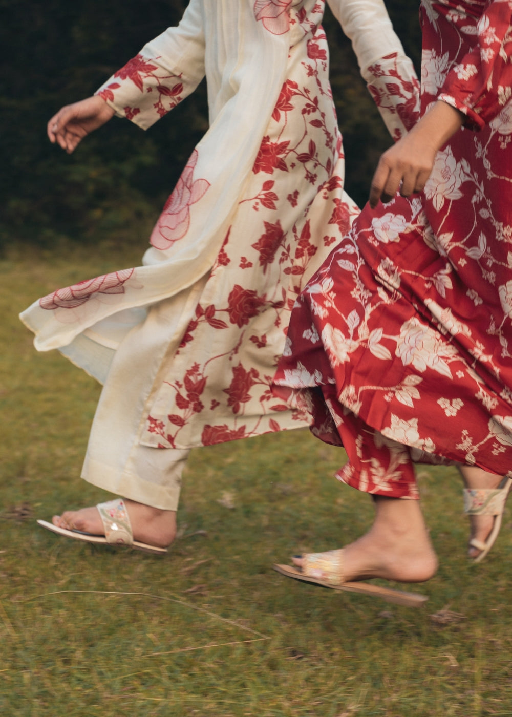 Red and cream floral  printed suit set