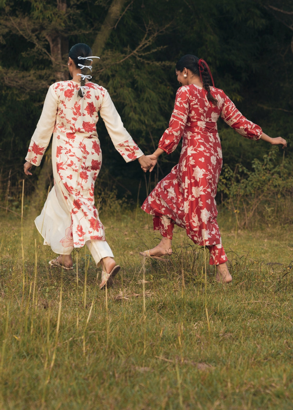 Red and cream floral  printed suit set