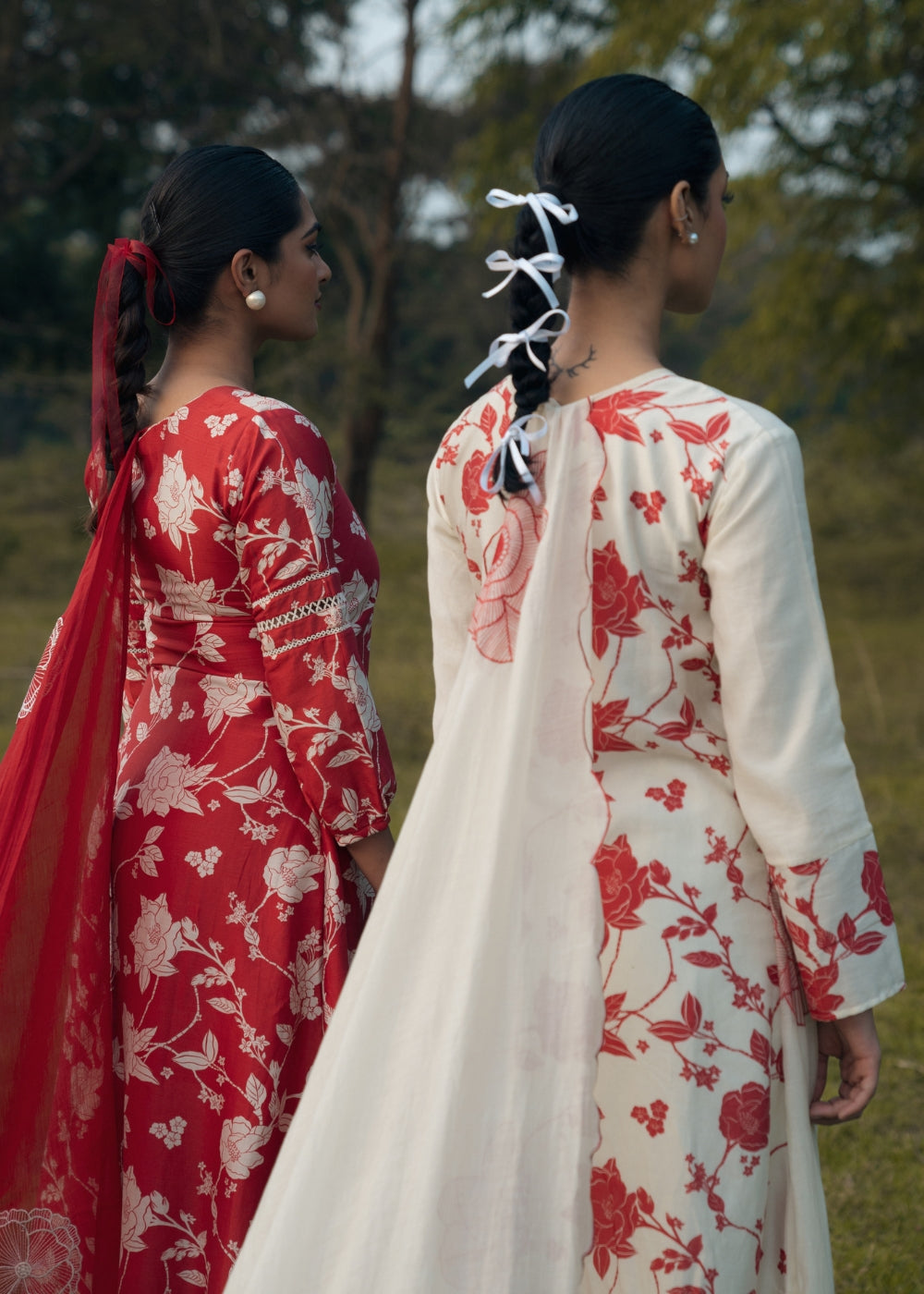 Red and cream floral  printed suit set