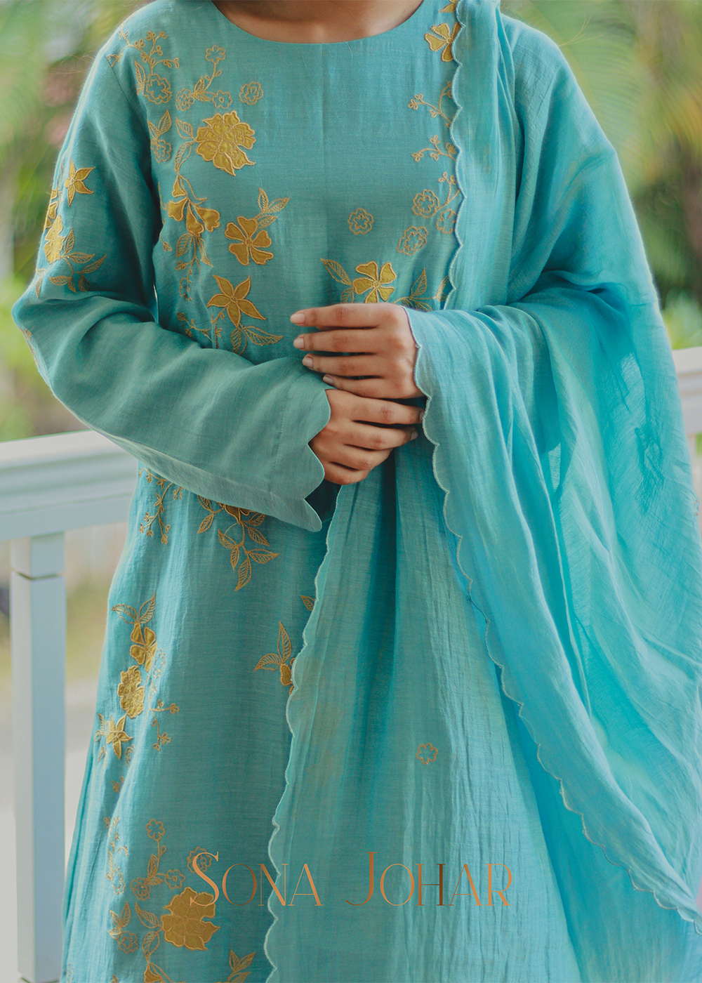 Light blue chanderi straight cut suit set