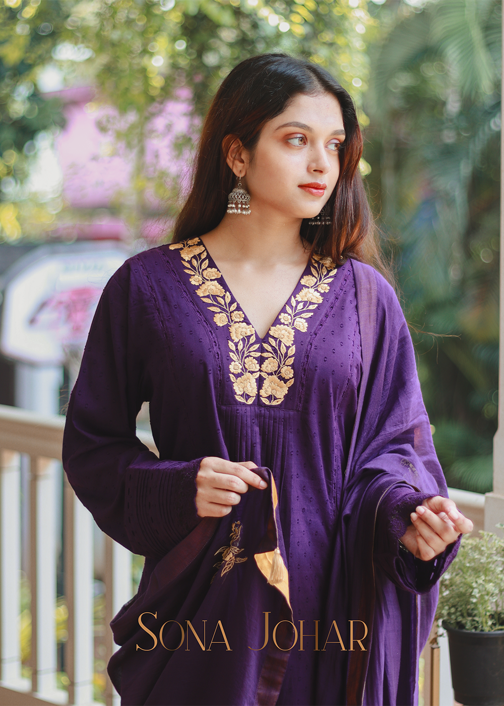 Purple cotton straight cut suit set