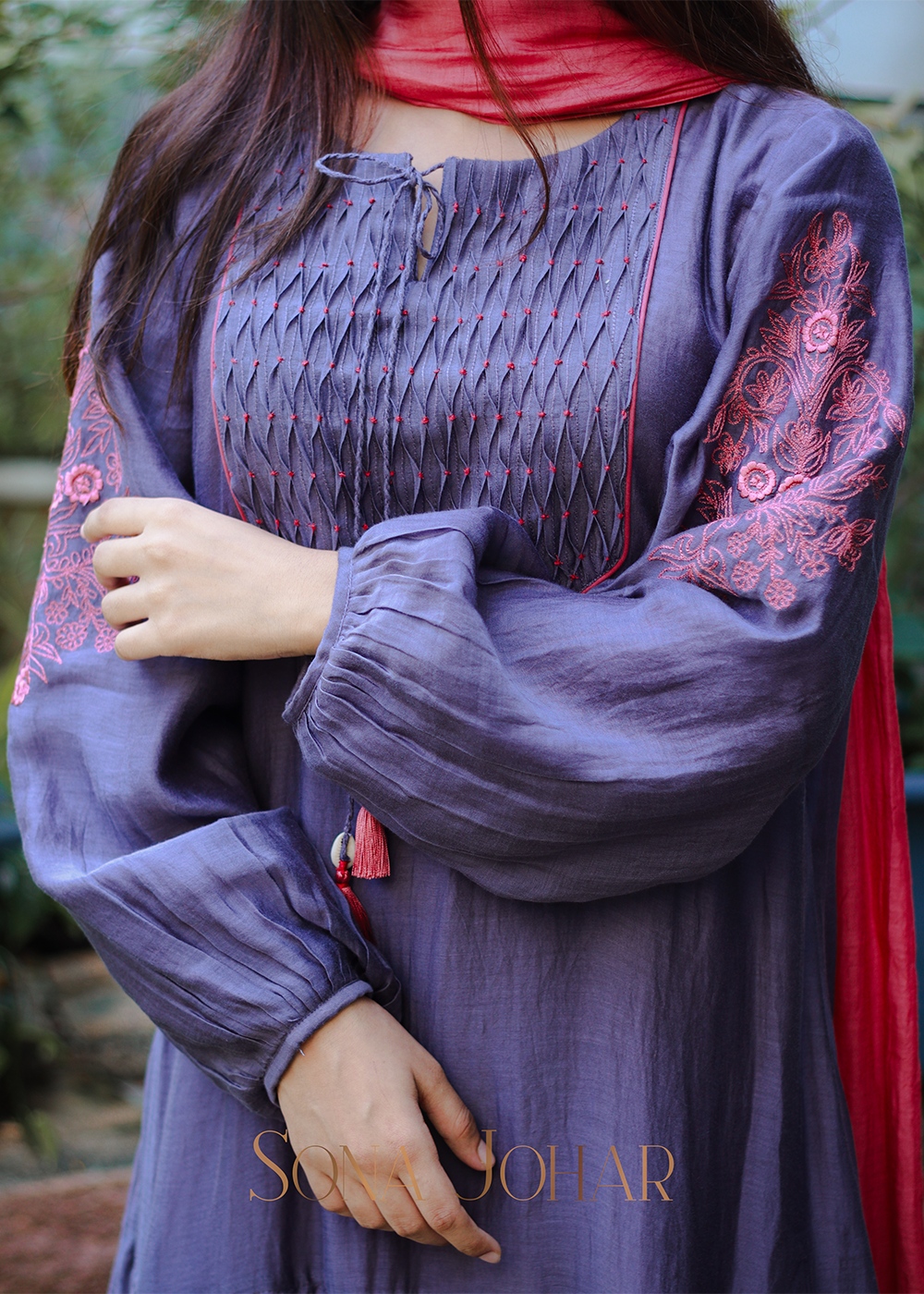 Lavender chanderi straight cut layered suit set