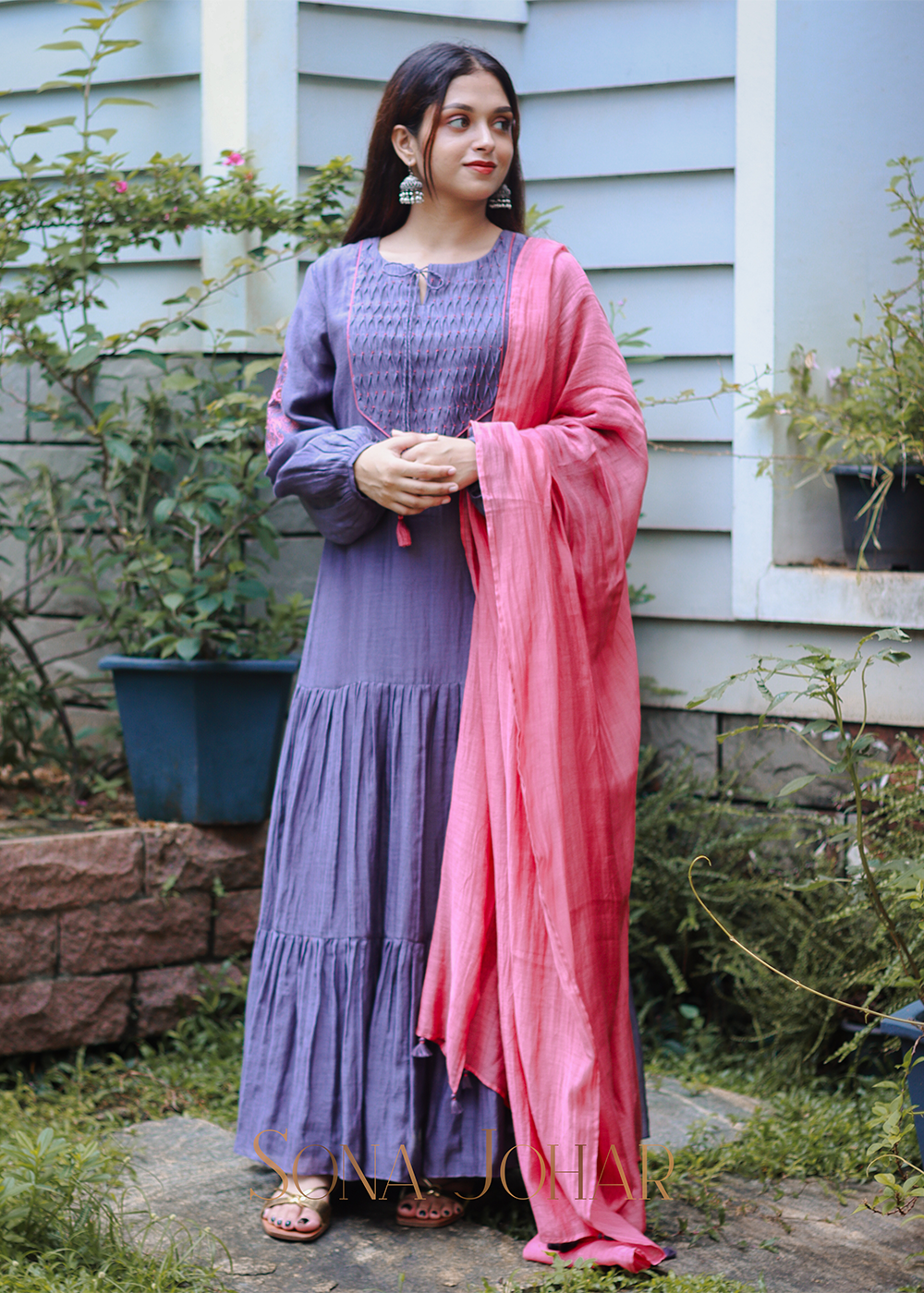 Lavender chanderi straight cut layered suit set