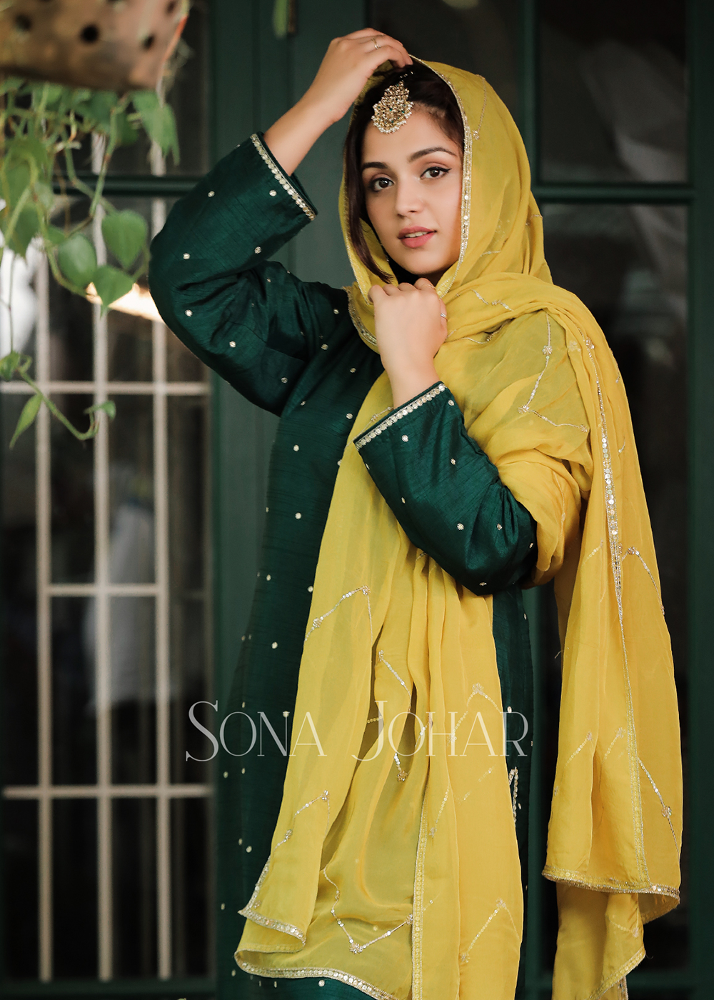 Emerald green and yellow straight cut  suit set