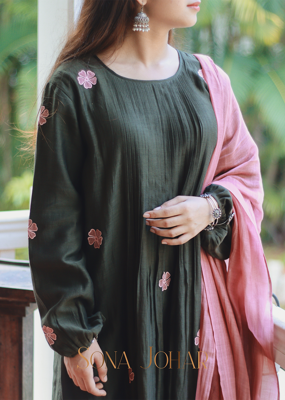 Green chanderi pintucks suit set