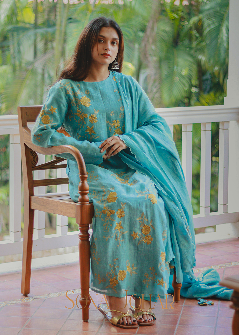 Light blue chanderi straight cut suit set