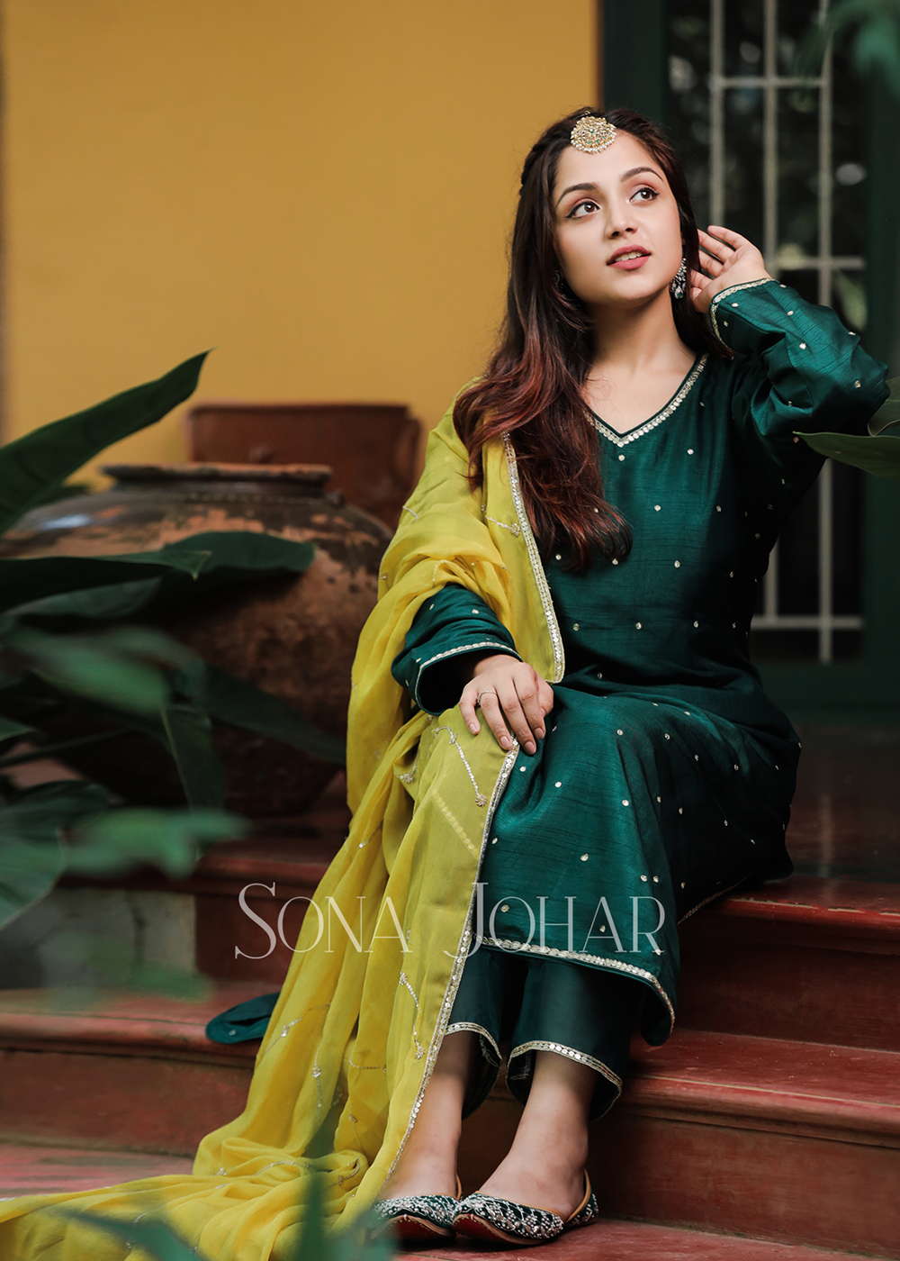 Emerald green and yellow straight cut  suit set