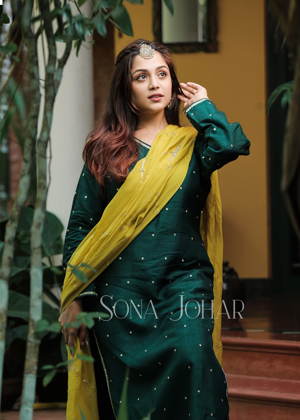 Emerald green and yellow straight cut  suit set