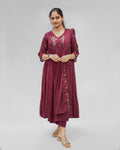 Burgundy Wine Embroidered Cotton Suit Set