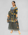 Navy Blue Floral Cotton Suit Set