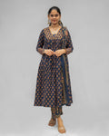 Navy Blue Embroidered Cotton Suit Set