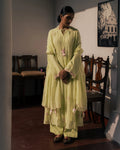 GREEN SUIT SET WITH PINK EMBROIDERY.