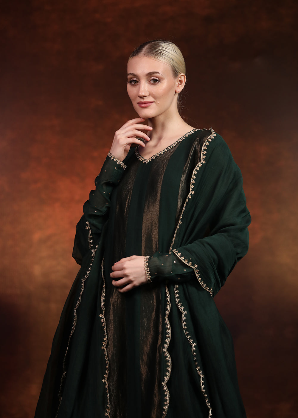 emerald green tissue kali suit set