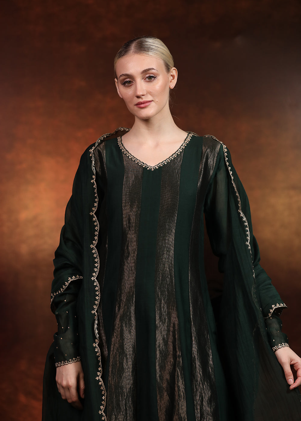 emerald green tissue kali suit set